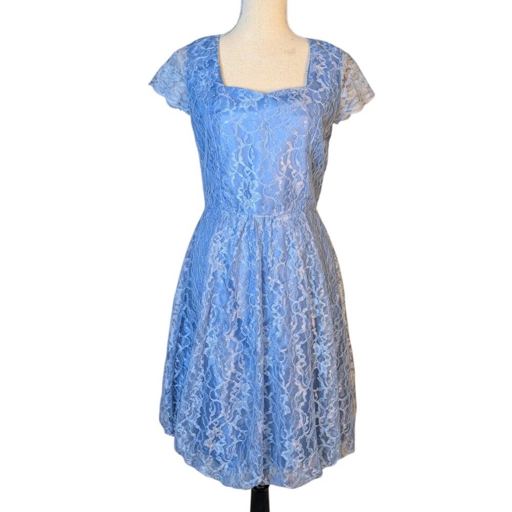 Vintage 90s Blue Lace Bubble Hem Mini Dress Coquette Fairycore Cottage
